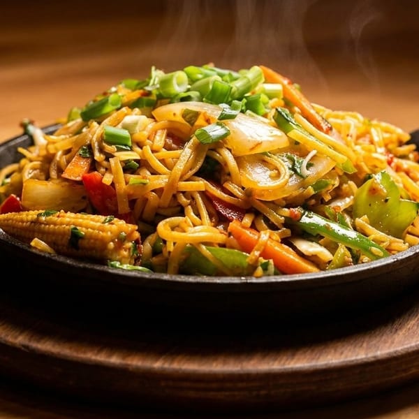 Steaming hot vegetable noodles with baby corn and green onions in a cast iron skillet.