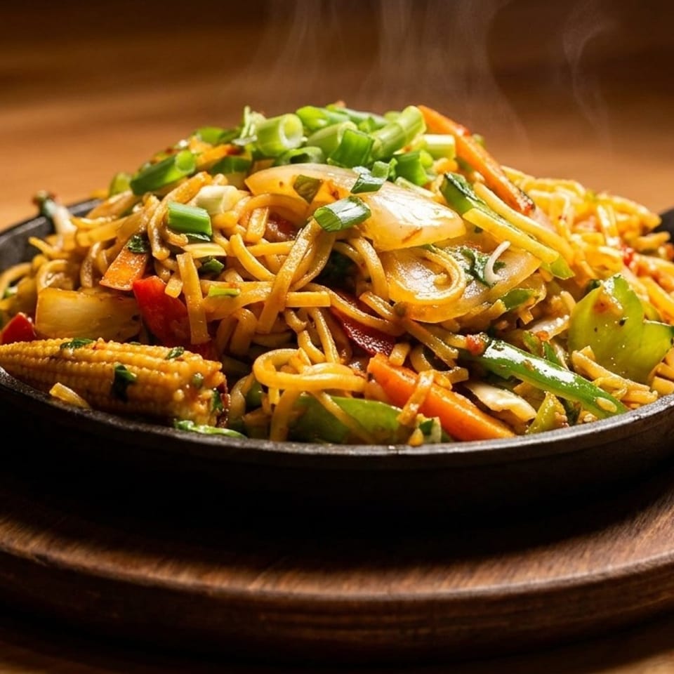 Steaming hot vegetable noodles with baby corn and green onions in a cast iron skillet.