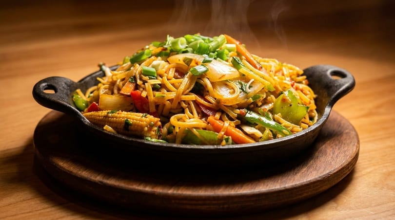 Steaming hot vegetable noodles with baby corn and green onions in a cast iron skillet.