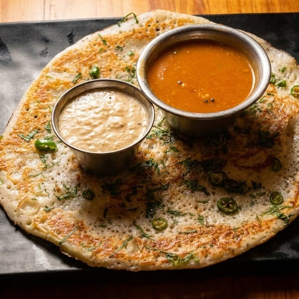 A savory dosa pancake with green chilies and herbs, served with two dipping sauces.