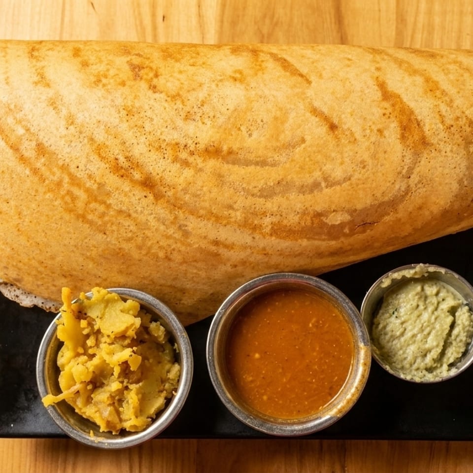 A golden-brown dosa with three small bowls of chutney and potato curry on a black plate.