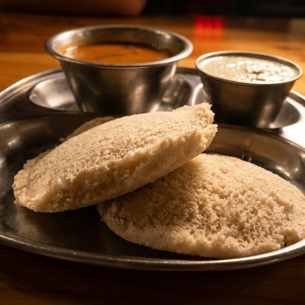 Two idlis on a metal plate with small bowls of sambar and chutney on a wooden table.