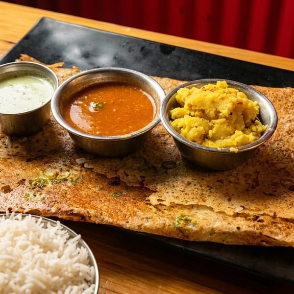 A crispy dosa with three small bowls of chutney and sambar, and a bowl of rice.