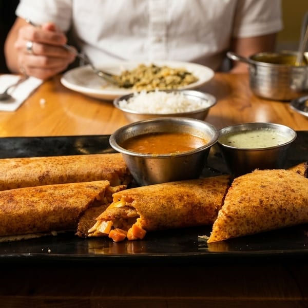 Crispy dosas with chutneys and sambar on a black plate, with a person eating in the background.
