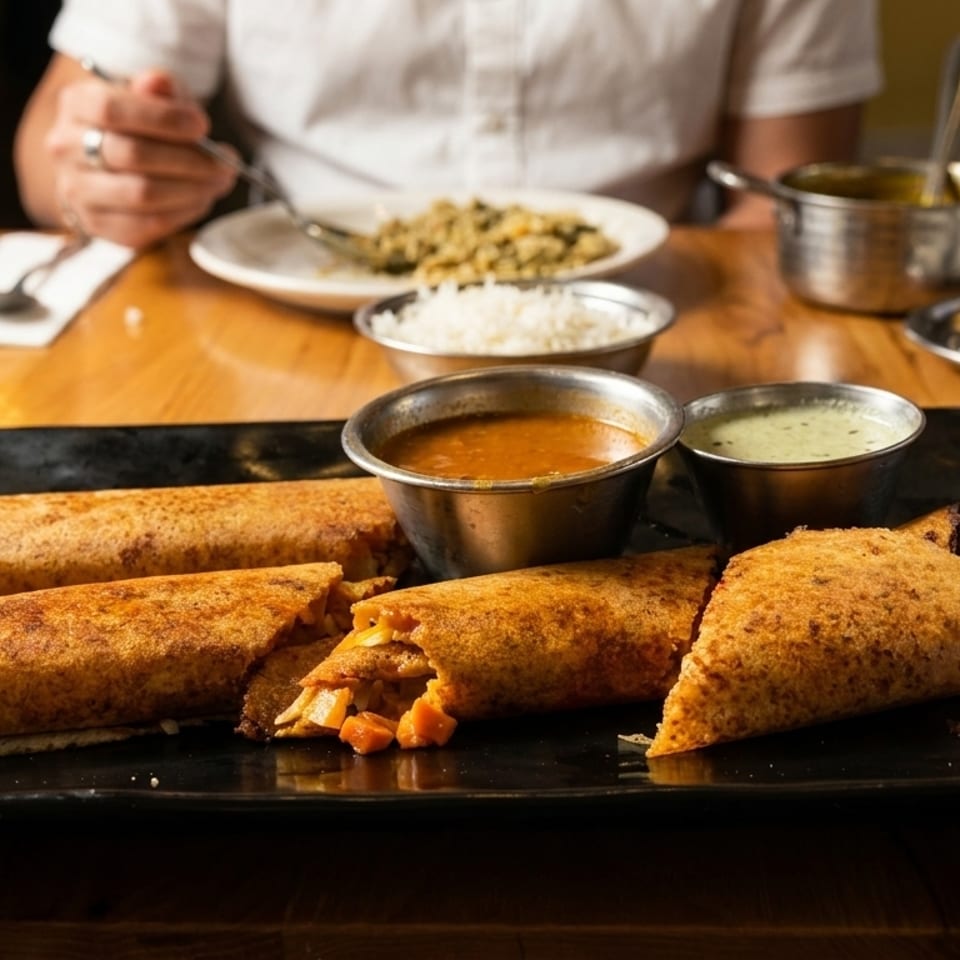 Crispy dosas with chutneys and sambar on a black plate, with a person eating in the background.