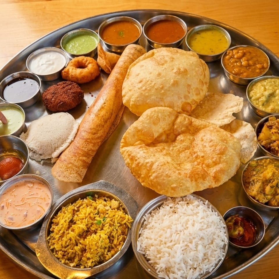 A child's hand reaches for a green sauce on a large thali platter filled with various Indian dishes.