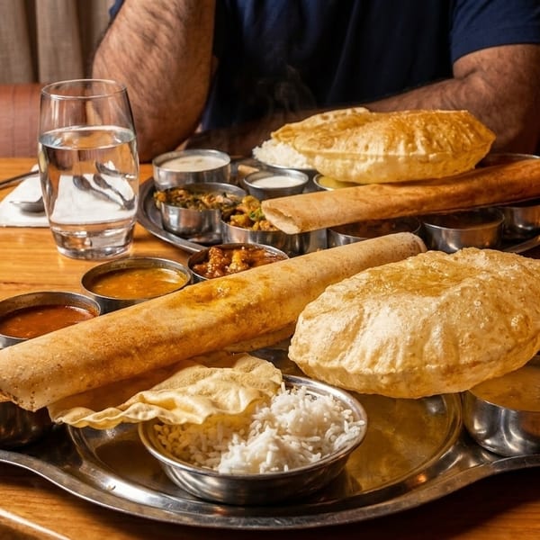 A person seated at a wooden table with two large Indian thali platters filled with various dishes.