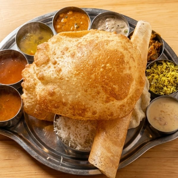 A large Indian thali platter with various dishes, including puri, dosa, rice, and curries.