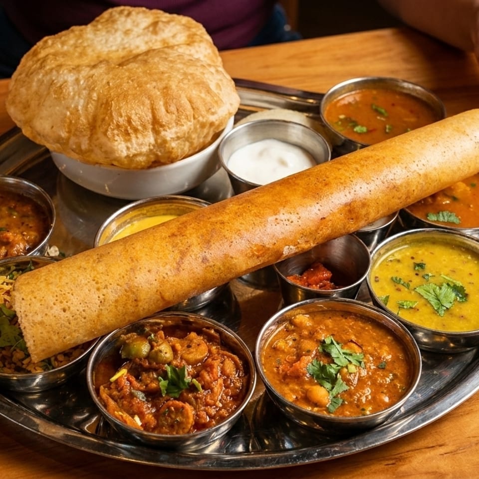 A person's hands are visible as they enjoy a large Indian thali with various dishes.