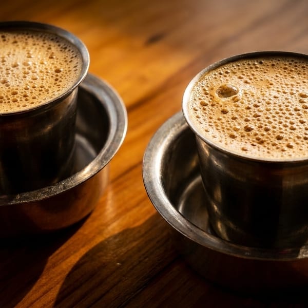 Two steel tumblers of frothy South Indian filter coffee on a wooden table.