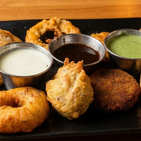 A black platter with various fried Indian appetizers and three dipping sauces.